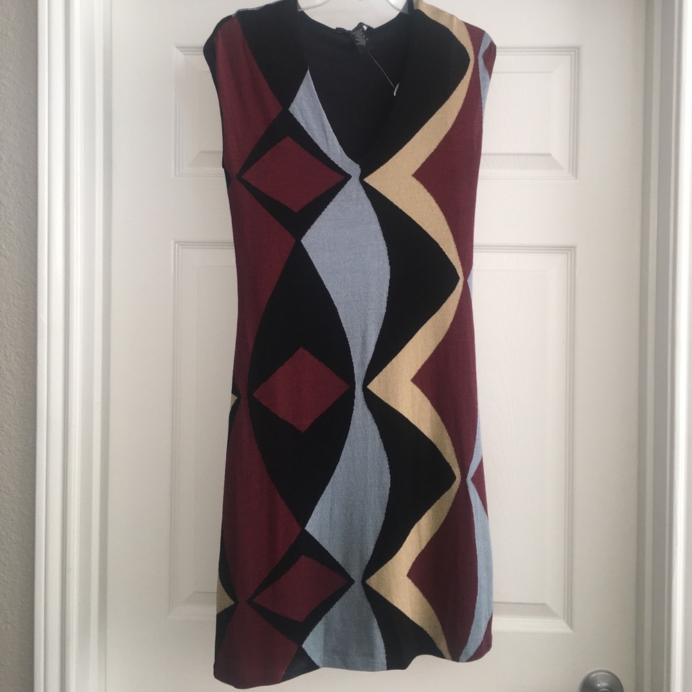 New $195 Laundry Midi Geometric Dress Black Blue Small - Picture 5 of 9